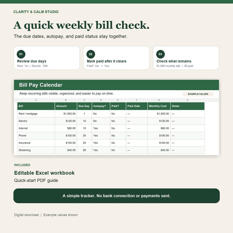 Bill Pay Calendar | Monthly Bills Due Date & Autopay Tracker | Excel ...