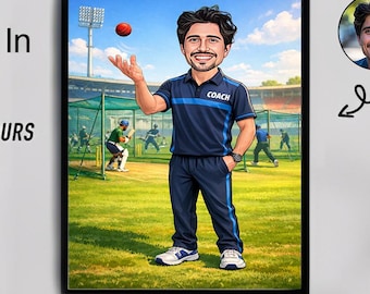Retrato de caricatura de entrenador de críquet personalizado, regalo deportivo personalizado (descarga digital)