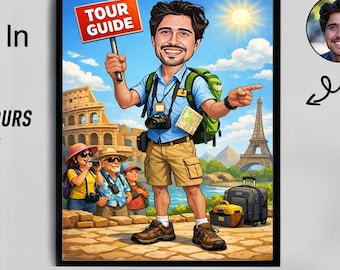 Custom Tour Guide Caricature Portrait, Personalized Travel Gift (Digital Download)