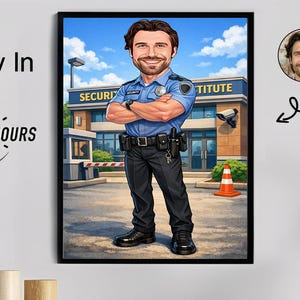 Puede incluir: Retrato de dibujos animados enmarcado de un guardia de seguridad con uniforme azul, de pie frente a un edificio con el texto "SECURITY INSTITUTE". La imagen incluye un pequeño retrato de la persona y el texto "Ready In 6 Hours".