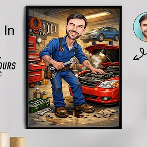 Puede incluir: Ilustración de dibujos animados de un mecánico con un mono azul sosteniendo una llave inglesa, trabajando en un coche rojo en un garaje. La imagen incluye el texto "Ready In 6 Hours". Un segundo coche está levantado en el fondo.