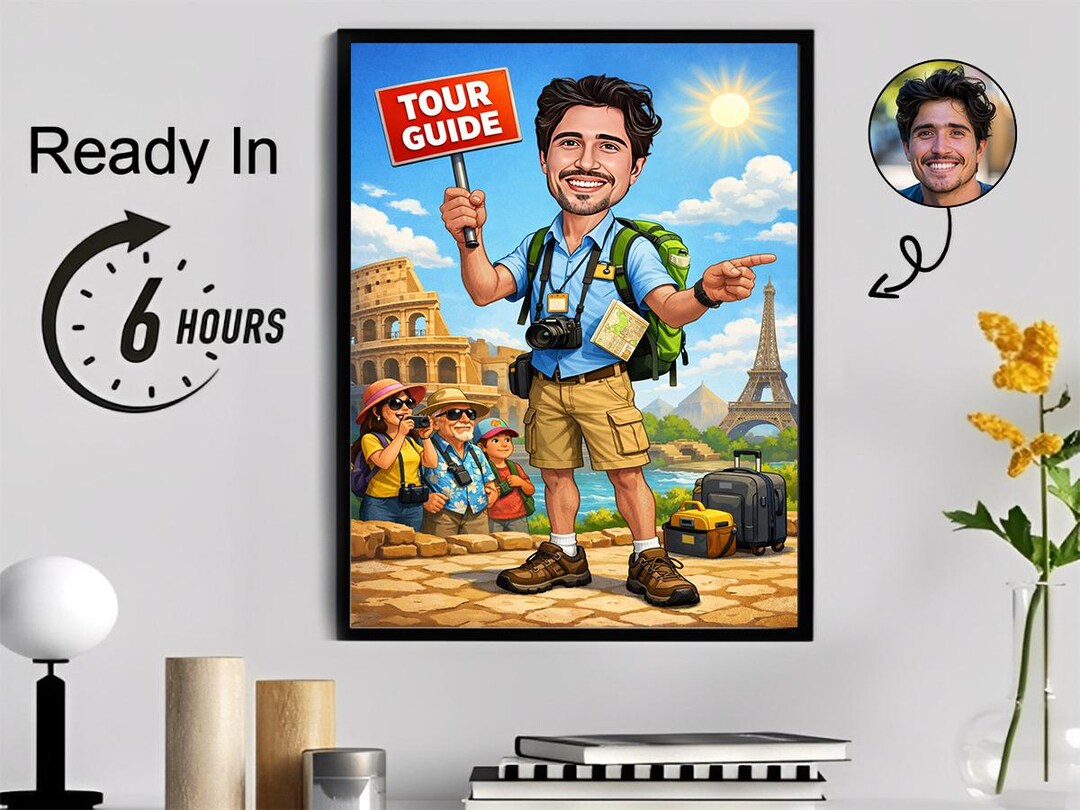 Tour Guide Comic Image Custom Tour Guide Caricature Portrait, Personalized Travel Gift ...