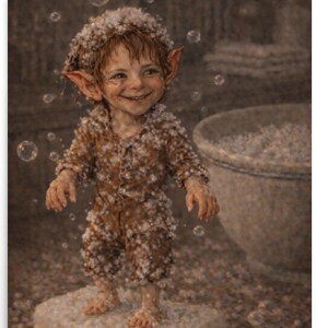 Benny Bath Time Wall Art Print, Whimsical Brownie Illustration, Cozy Cottage Wash Day Scene, Vintage Storybook Nursery Decor