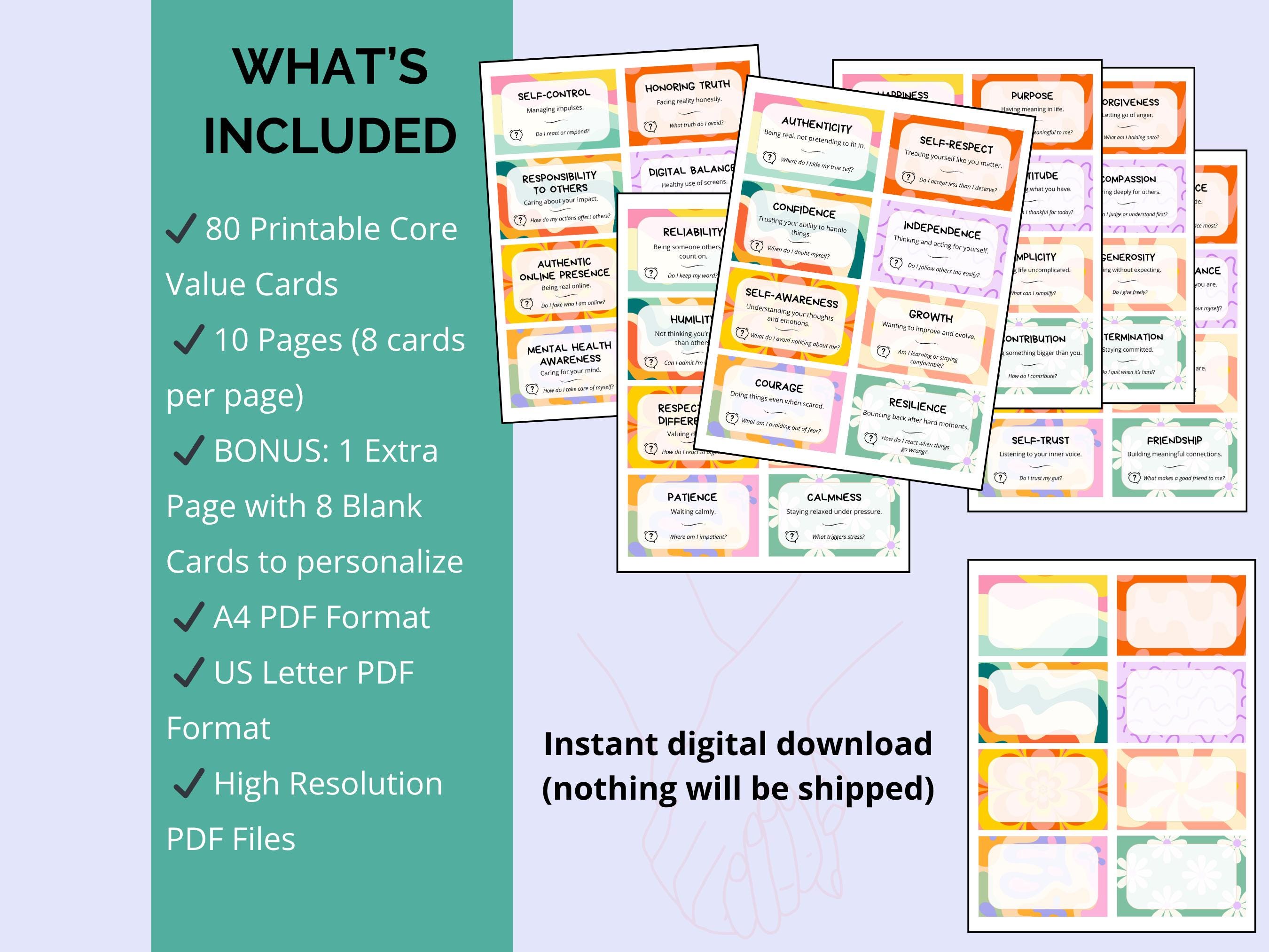 Flash Core Values Teen Core Values Flash Cards Printable | 80 Therapy & Counseling Cards ...