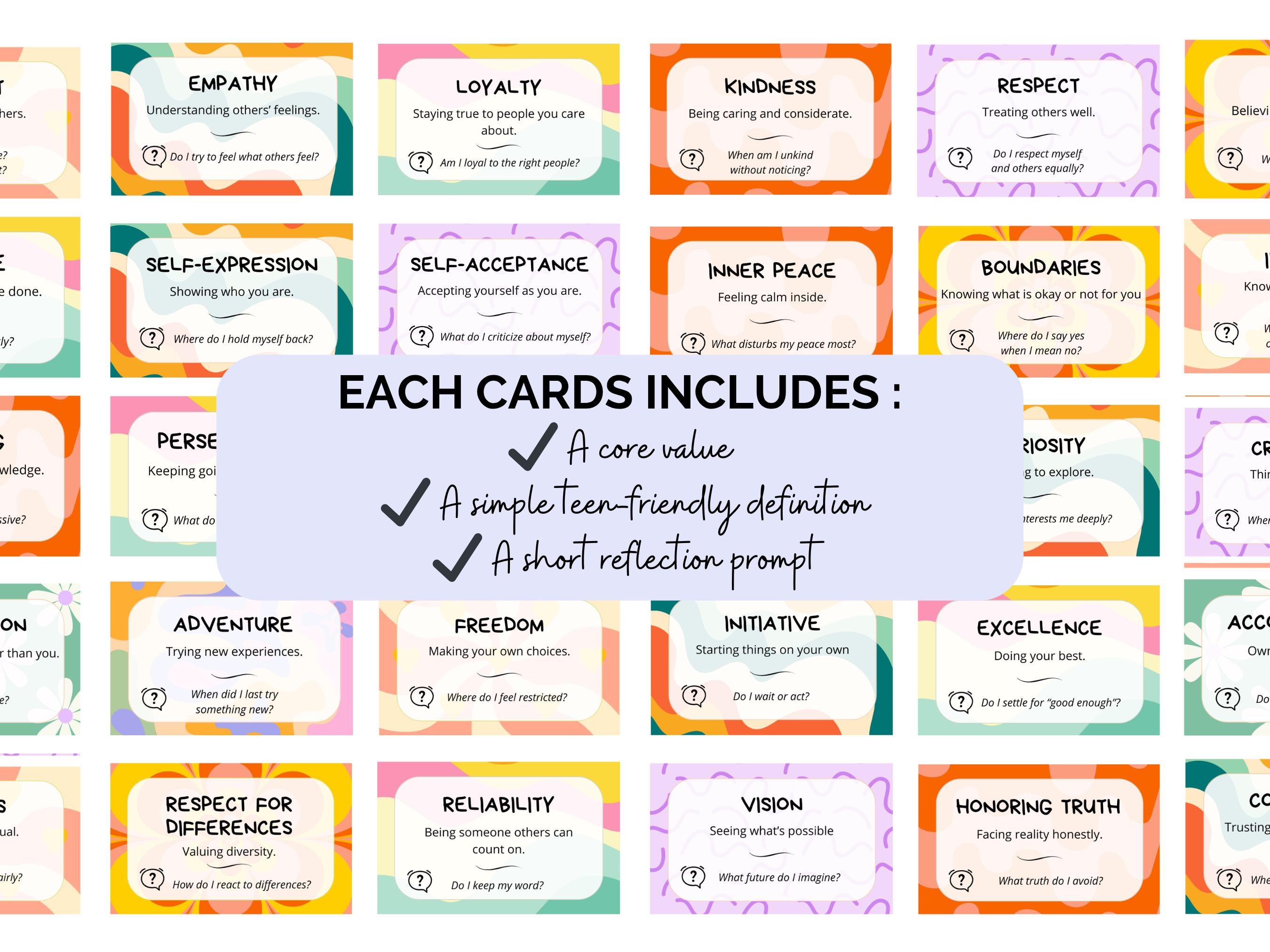 Flash Core Values Teen Core Values Flash Cards Printable | 80 Therapy & Counseling Cards ...
