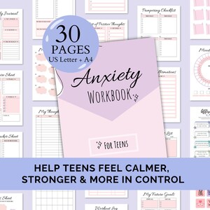 Op de afbeelding: Een roze en paars angstwerkboek voor tieners met de tekst "Anxiety Workbook" en "For Teens". Het werkboek heeft 30 pagina's en bevat vellen voor zelfzorg, het volgen van de stemming en affirmaties. De tekst onderaan luidt: "Help tieners zich kalmer, sterker en meer in controle te voelen."