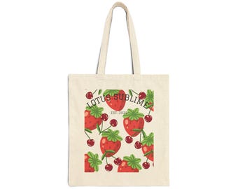 Cotton Canvas Tote Bag, Berries Cherries Fruit Pattern, Farmers Market Shopping Bag
