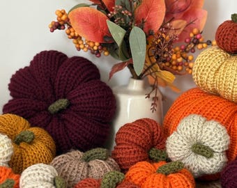 May include: A collection of crocheted pumpkins in various sizes and colors including deep burgundy, mustard yellow, bright orange, cream, and tan, each featuring a small green stem, arranged with a bouquet of autumn-toned faux leaves.