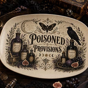 May include: An oval cream-coloured serving platter featuring a dark brown illustration of a moth, a raven, various apothecary bottles, figs, and grapes. The text "POISONED PROVISIONS" is printed in the centre, surrounded by botanical motifs and moon phases.
