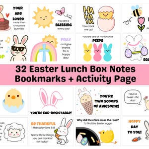 May include: A set of 32 Easter lunch box notes, bookmarks, and an activity page. The designs feature bunnies, chicks, and eggs with cheerful messages and puns. Text includes "You are loved," "Be kind," and "Hoppy Day to You!" with colourful illustrations.