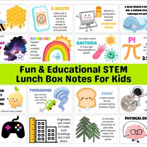 May include: A collection of colorful, educational lunch box notes for kids. The notes cover various STEM topics, including the Milky Way galaxy, rainbows, selfies, bacteria, and more. Each note features a fun illustration and informative text.