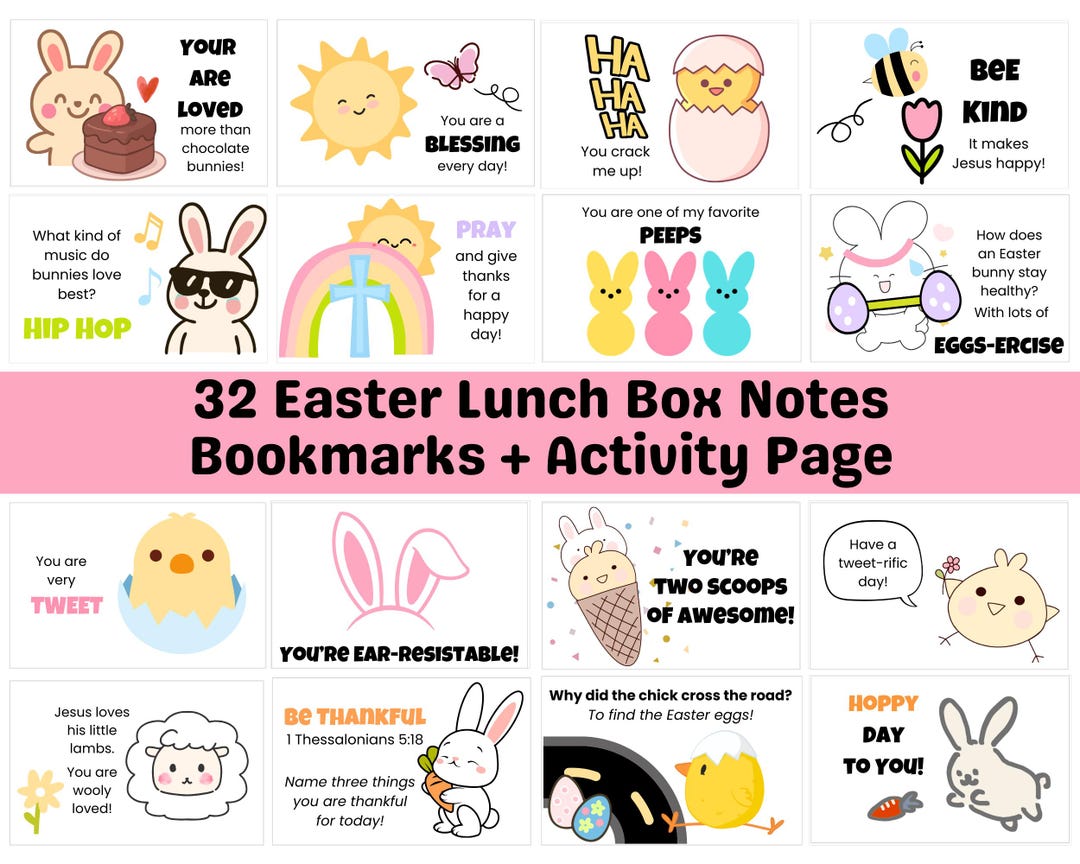 Printable Easter Lunch Box Notes for Kids | 32 Cards + 4 Bookmarks ...