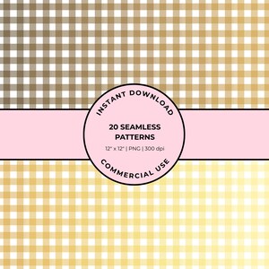 May include: Digital download featuring 20 seamless patterns in a gingham design. The patterns are in shades of gold, white, and brown. The image includes the text "Instant Download," "20 Seamless Patterns," and "12" x 12" | PNG | 300 dpi | Commercial Use."
