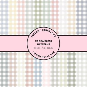 May include: A digital product showcasing 20 seamless patterns in various pastel colors, including pink, blue, and green, arranged in a gingham design. The image includes the text "INSTANT DOWNLOAD" and "COMMERCIAL USE."