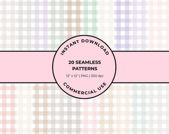 Boho Muted Pastel Gingham Seamless Patterns: Opakowanie 20 sztuk papieru cyfrowego PNG 12x12 do scrapbookingu, tworzenia kartek i rękodzieła