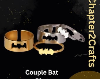 Couple Gothic Bat Ring set with customized Bag, Adjustable Stainless Steel Gothic Bat Ring Set, Gothic You and Me Ring Set Gift for Her/him
