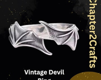 Sterling Silver Vintage Vampire Devil Ring, Sterling Silver Demon Bat Wing Ring, Resizable Open Ring, Gothic Ring, Handcrafted Gift For her