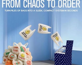 Plastic Bag Storage! Compact storage container. Fits under sink, on pantry shelf, on counter. Holds 50+Bags!
