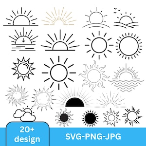 Può includere: Raccolta di disegni di sole in bianco e nero. Include varie illustrazioni di raggi di sole e sole, con raggi e forme circolari. L'immagine contiene anche il testo "20+ design" e "SVG-PNG-JPG" su sfondo blu.