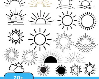 May include: A selection of black and white sun designs. The image features various sunburst and sun illustrations, including rays and circular shapes. The text "20+ design" and "SVG-PNG-JPG" is displayed on a blue background.