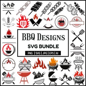 Puede incluir: Una colección de diseños de barbacoa en negro, rojo y blanco. La imagen incluye ilustraciones de herramientas para asar, llamas, brochetas de comida y un cuadro de texto central que dice "BBQ Designs SVG Bundle".
