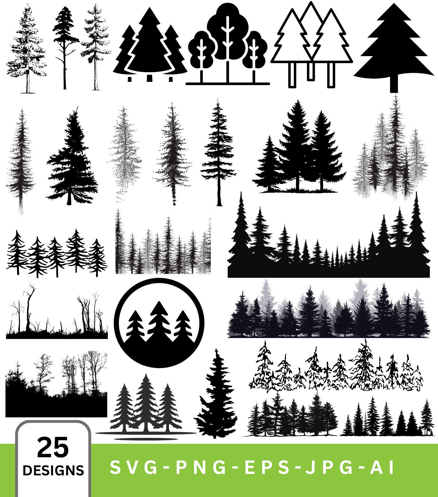 May include: A collection of 25 black and white tree designs in various styles, including silhouettes and detailed illustrations. The image includes text that reads "25 DESIGNS" and "SVG-PNG-EPS-JPG-AI".