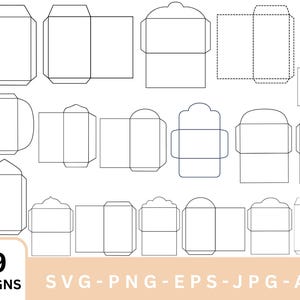 Op de afbeelding: Een verzameling van 19 envelopontwerpen in verschillende vormen en maten, weergegeven in een raster. De ontwerpen zijn zwart omlijnd op een witte achtergrond. De afbeelding bevat de tekst "19 DESIGNS" en bestandstype-opties: SVG, PNG, EPS, JPG en AI.