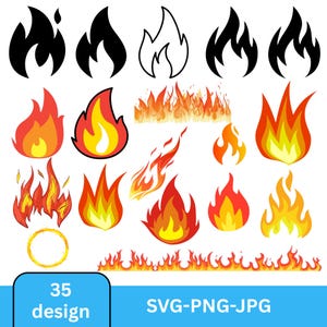 May include: A collection of 35 fire designs in various styles, including solid black, outlined, and colorful flames in shades of red, orange, and yellow. The image includes the text "SVG-PNG-JPG" and "35 design".