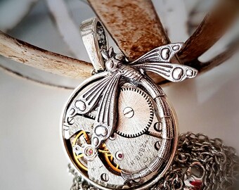 Steampunk Pendant Vintage jewelled watch movement with a Detailed Dragonfly  - Art Deco meets Timeless Relic