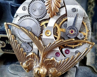 Steampunk Inspired Pendant - Vintage Pocket Watch with Antiqued Brass Swooping Swallow - Timeless Relic
