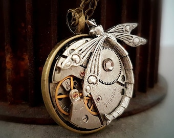 Vintage jewelled watch movement with an Art Deco Dragonfly & Swarovski Crystal, Steampunk inspired Pendant ~ Timeless Relic