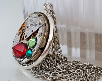 Steampunk Pendant, Rainbow #3 - Vintage Watch Movement with Swarovski Crystals ON SALE