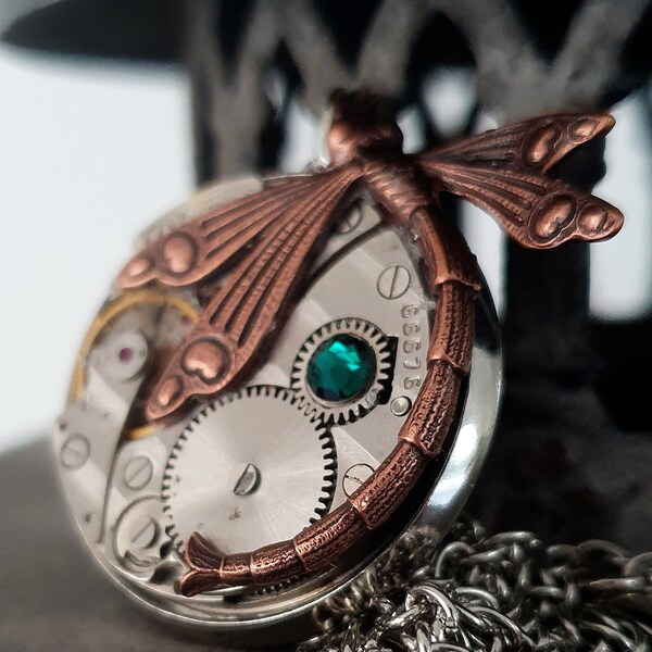 A Steampunk and Art Deco Combo  - Timeless relic Vintage watch Pendant with a Copper Dragonfly & Swarovski