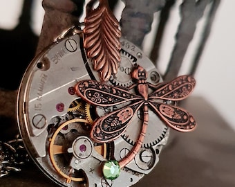 Vintage Steampunk Inspired Watch Pendant, Curved Copper Dragonfly with a Swarovski Crystal