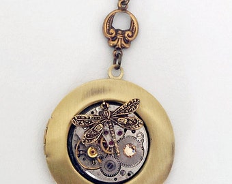 Steampunk Inspired  Pendant Vintage Watch Movement - Dragonfly & Crystal