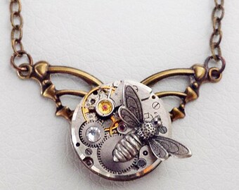 Winged & Petite - Steampunk Inspired with a bee and crystal - Silver and Brass stunner