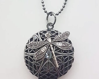 Locket , Steampunk inspired Filigree Pendant with dragonfly and a dark swarovski crystal - Gunmetal chic