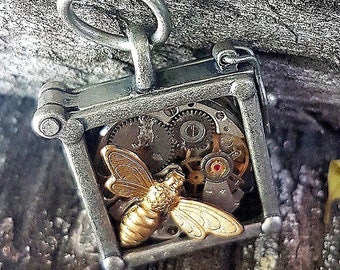 Steampunk meets Industrial Chic - Steampunk Inspired Locket Pendant with a wee bee.