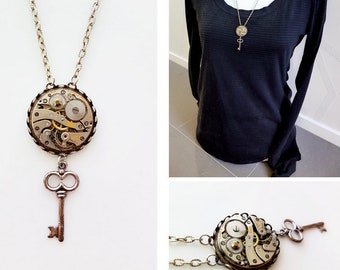 On Sale, Steampunk Inspired Pendant with a Quirky Key Dangle - Funky Timeless Relic