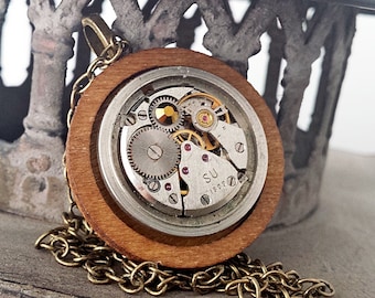 Industrial Chic  - Vintage Watch Movement with Wood & Swarovski, Steampunk Sensation ON SALE