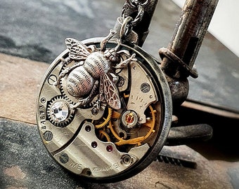Vintage Steampunk Inspired Watch Pendant, Antiqued Silver Bumble Bee