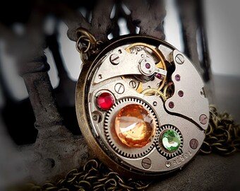 Steampunk Pendant, Rainbow - Vintage Watch Movement with Swarovski Crystals