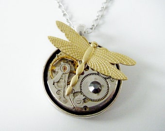 Steampunk Necklace with raw brass dragonfly and dark swarovski crystal - ON SALE Price Reduced
