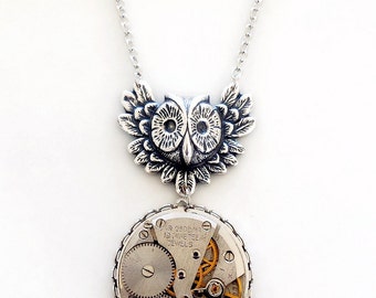 Steampunk Inspired Pendant Necklace, Vintage watch movement with a Funky Silver Owl