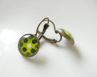 Earrings Retro Green spotty dots - Colour fun Earrings in Antiqued Brass or Silver
