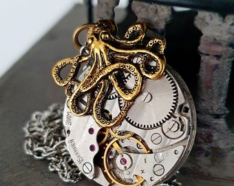 Steampunk Inspired  Pendant Vintage Watch Movement - The Octopus Invader