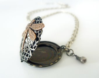 Locket , Steampunk inspired Pendant with dragonfly, swarovski and pearl, Vintage Vibe