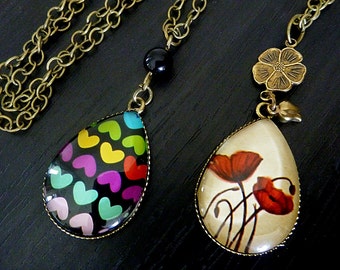 Teardrop Glass Dome Pendants, Poppies or Hearts, you choose
