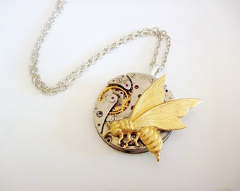 Steampunk Necklace, Pocket Watch Pendant with a raw brass bee - ON SALE