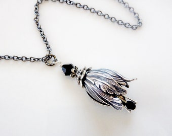 Tulip Pendant in Antiqued Silver with dark chain and black crystals - Detailed Stunner